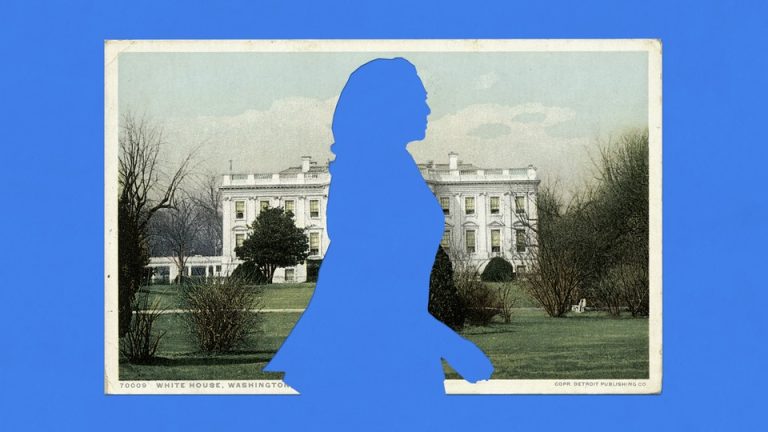 A silhouette of Kamala Harris superimposed over a White House postcard