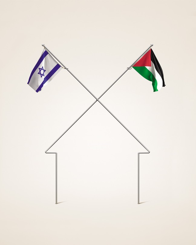 Israeli and Palestinian flags on flagpoles that bend and cross over each other to form the shape of a house with a roof