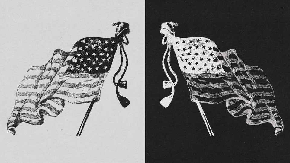 A black-and-white illustration showing two American flags, with one in reversed tones