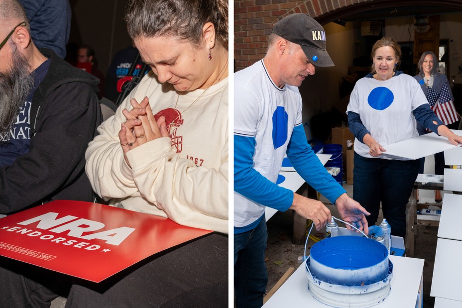 In a diptych, a woman bows her head with her hands folded with a red NRA sign on her lap, and two people wearing white shirts with blue circles on them make art with blue paint.