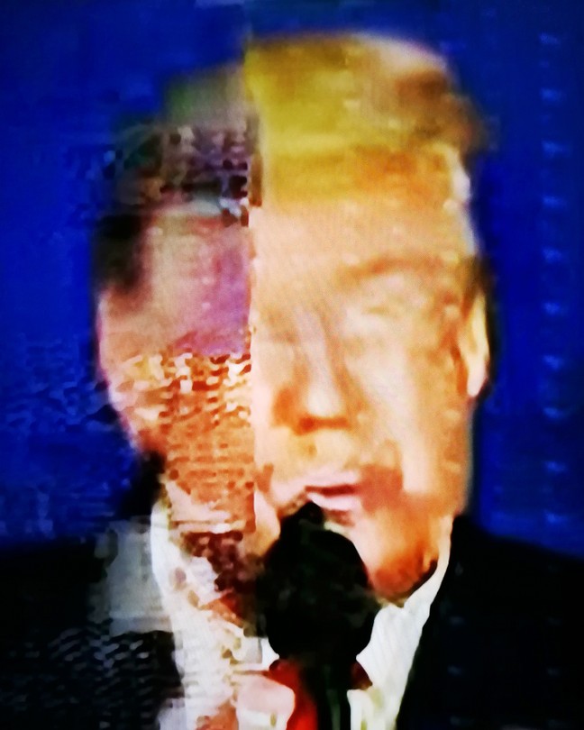 Pixelated photo of Donald Trump on a TV screen