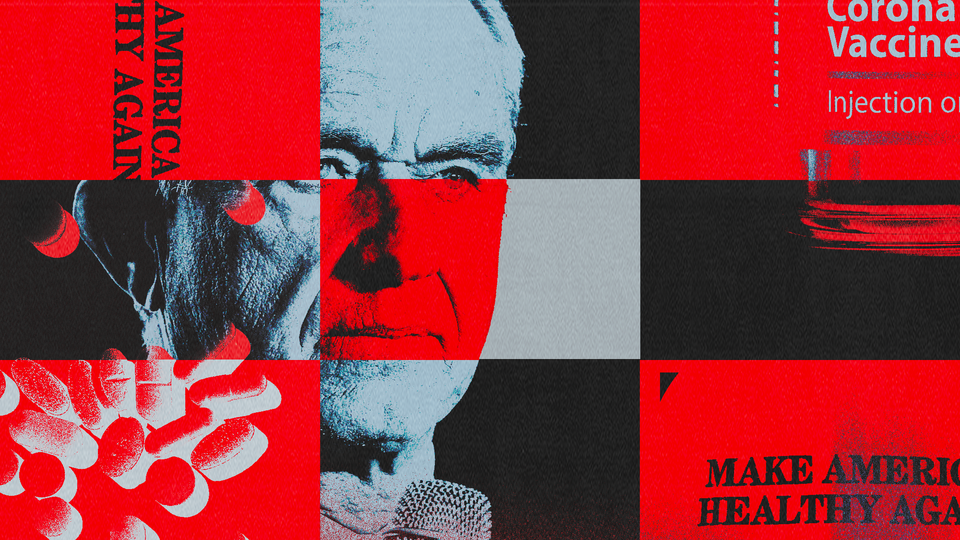 Collage consisting of a photo of RFK Jr. holding a microphone interspersed with red images of COVID-19 vaccines, "Make America Healthy Again" caps, and pills.