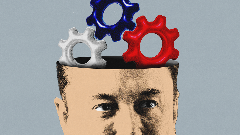 Illustration of Elon Musk's head, hollow on the inside, with three red, white, and blue gears turning