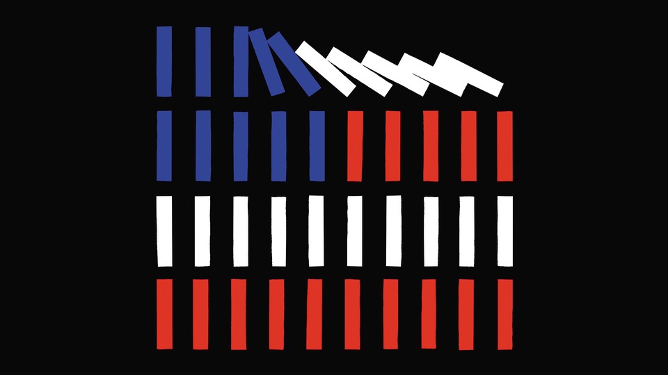 illustration with 4 rows of red white and blue vertical bars in pattern of U.S. flag, with top row collapsing to the left like dominoes