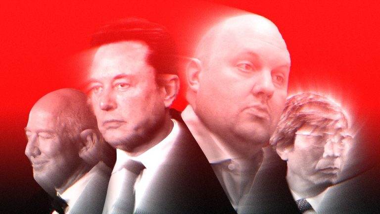 Photo illustration of Jeff Bezos, Elon Musk, Marc Andreessen, and Patrick Soon-Shiong