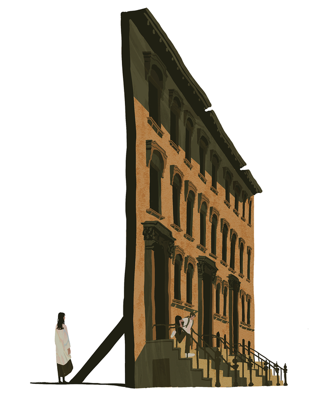 illustration of a woman standing next to a movie-set facade of a row of brownstone buildings with stoops propped up from behind. A boy wearing a backpack runs down a set of front steps.