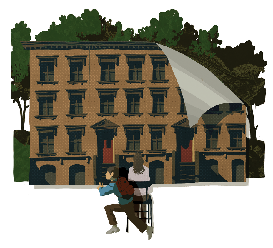 illustration of woman sitting in chair looking at row of brownstones that are actually just flat paper peeling away on one corner, with a boy in backpack running behind her