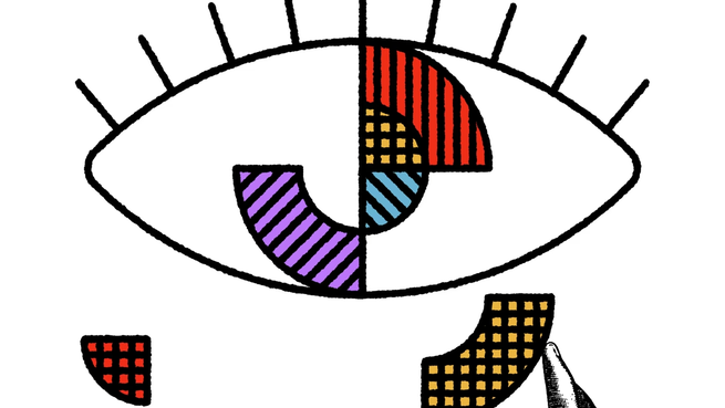 Illustration of an eye with a hand placing puzzle pieces within it