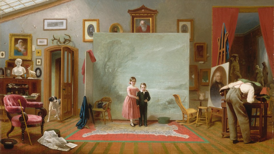 A painting of two children posing for a photograph taken with an old-fashioned camera