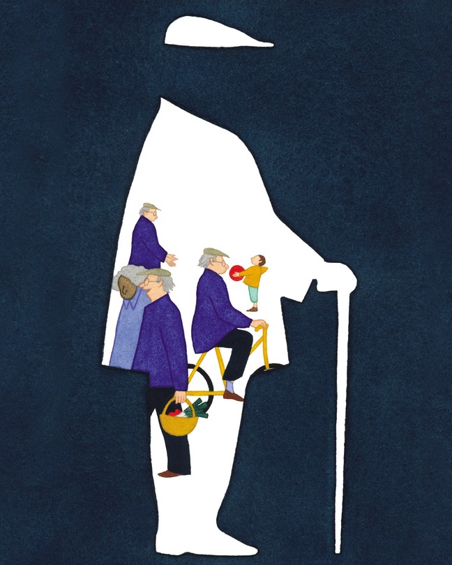 Illustration of white silhouette of portly older person with cane and cap on a dark background; inside the silhouette are images of the person in the cap doing activities like playing toss with child, biking, and shopping with a friend.