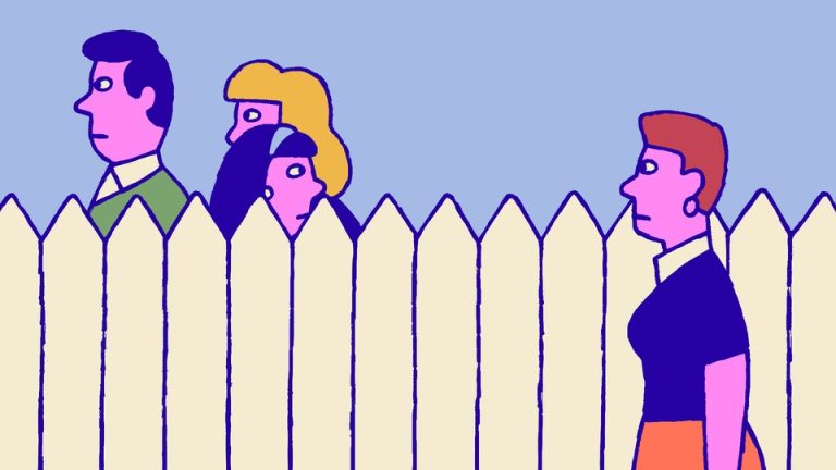 Illustration of a fence separating a solo girl from her friend and the friend's parents