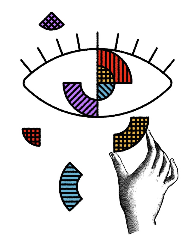 Illustration of an eye with a hand placing puzzle pieces within it