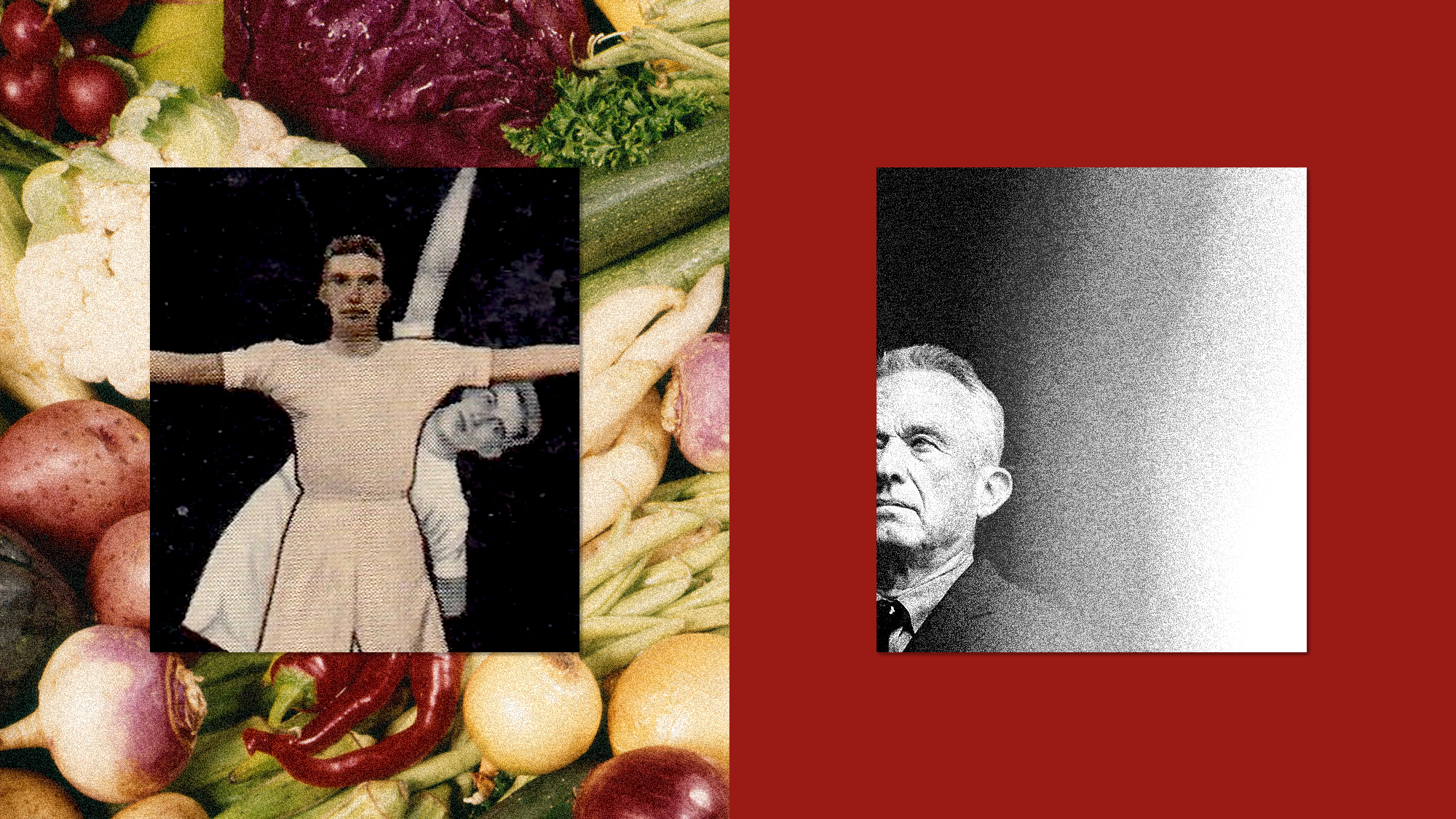 Collage of a photo of RFK Jr., a photo of vegetables, and diagrams of men in loose white clothing performing aerobic exercises