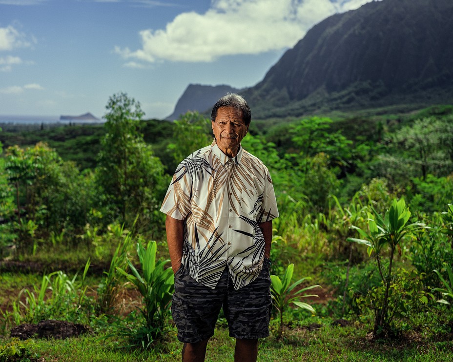 man in short-sleeved palm-frond print shirt stands with hands in pockets of shorts in front of lush green landscape with hills in background