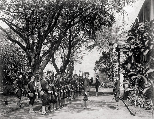 black-and-white archival photo of armed troops standing at attention facing a building in tree-lined street