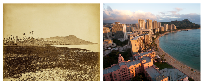 Two photos, on the left, a sepia-toned historic photo of Diamond Head; on the right, a modern one