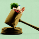 A gavel hitting a gavel block, where the gavel’s mallet is a paper grocery bag full to the brim.