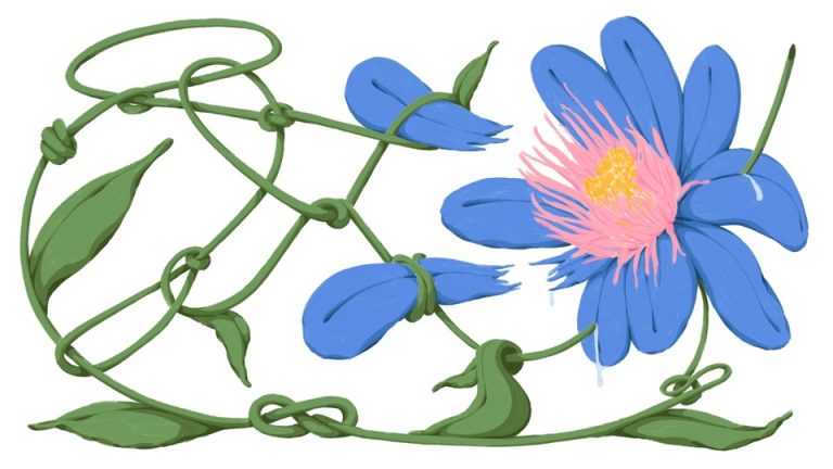 Illustration of a flower with a knotted stem that is plucking off the petals of the very flower it is part of.