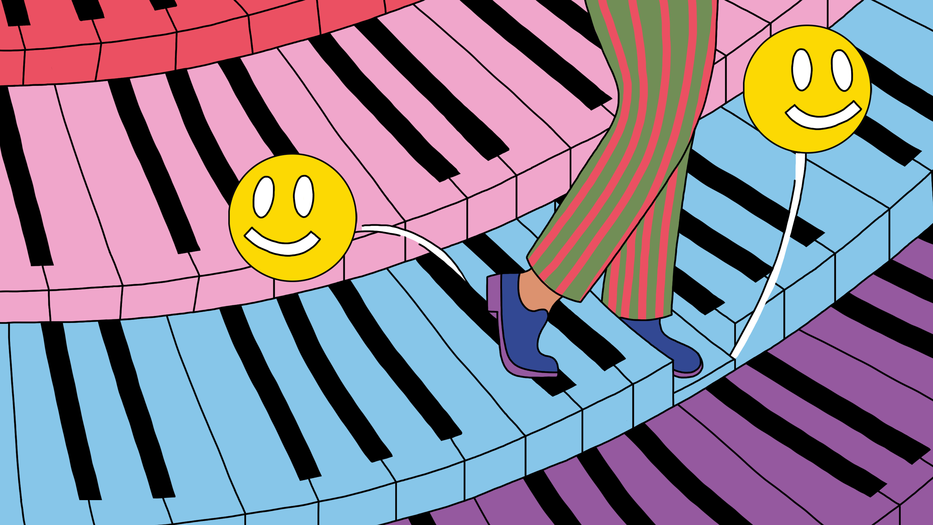 An illustration of a person happily strolling across steps that look like a multicolored piano keyboard.