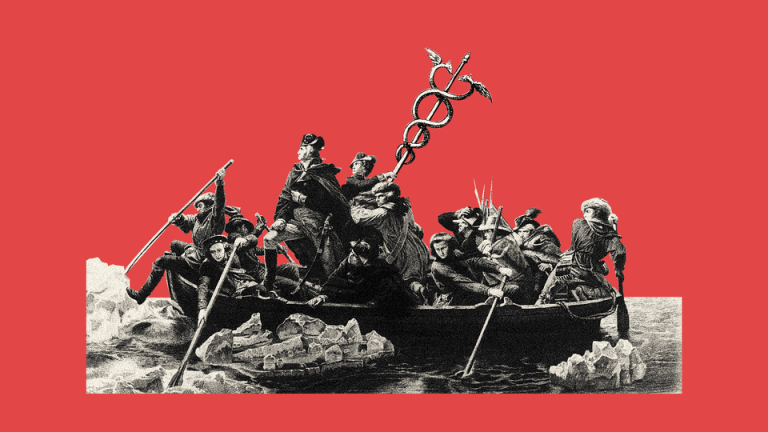 An illustration using the famous image of George Washington crossing the Delaware