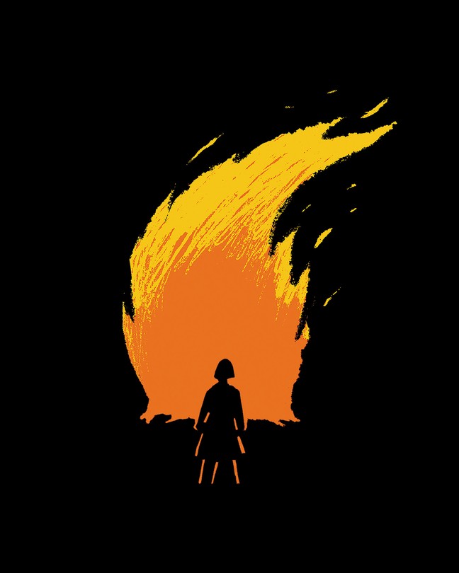 illustration of silhouette of woman standing before towering orange bonfire with yellow flames resembling Trump's head with blowing hair