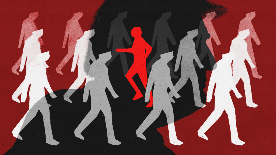 Photo illustration: many white silhouettes walking in one direction, one in red walking the other way, with a giant shadow of Donald Trump behind them.