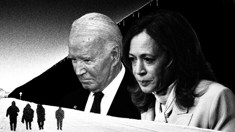 Large black-and-white photos of Harris and Biden set against a border wall so that they seem to be looking down at people walking alongside it.