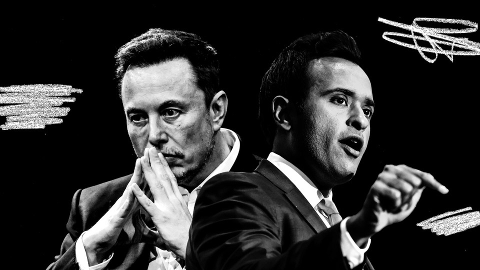 black-and-white collage of Elon Musk and Vivek Ramaswamy