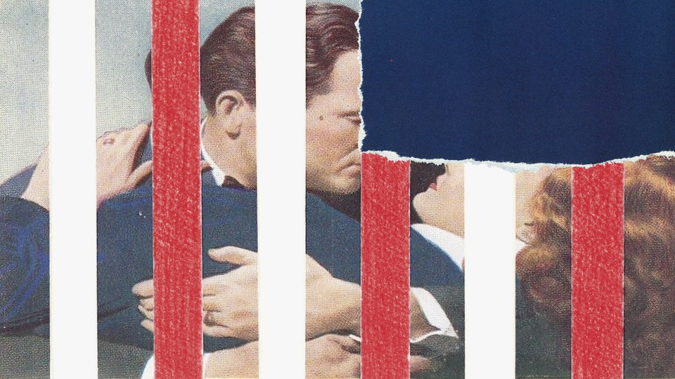 Illustration of a man and woman covered in red and white stripes with a big corner of the image ripped off to reveal a blue background