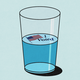 An illustration of glass filled halfway with blue liquid. An "I Voted" sticker floats at the top.