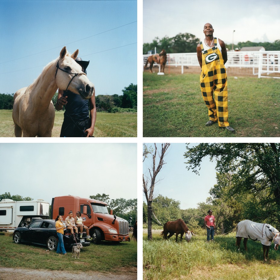 4 photos: palomino horse in halter with person in black hat standing behind; man in plaid yellow/black Green Bay overalls with horse and arena fence railing behind; people sitting and watching from trunk of parked car with semi behind; man in jeans, tee, and ballcap grazing two horses in fly mask and fly sheet in field.