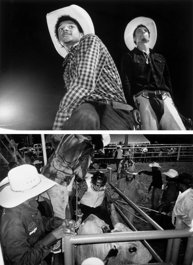 2 black-and-white photos: boy and young man in western wear and cowboy hats watch rodeo; bull rider wearing helmet mounting bull in narrow chute with several others helping