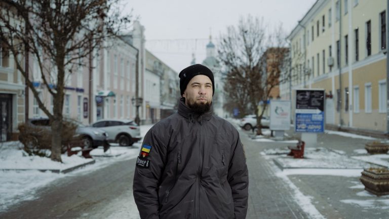 Picture of Vitalii Ovcharenko, a soldier in the Ukrainian armed forces, in Sumy