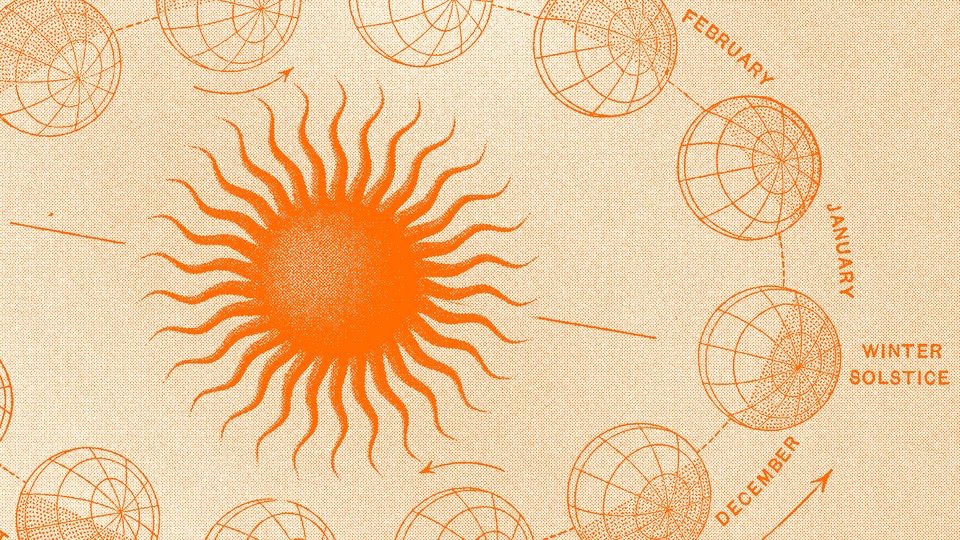 An illustration of the Earth rotating around the sun during the winter solstice