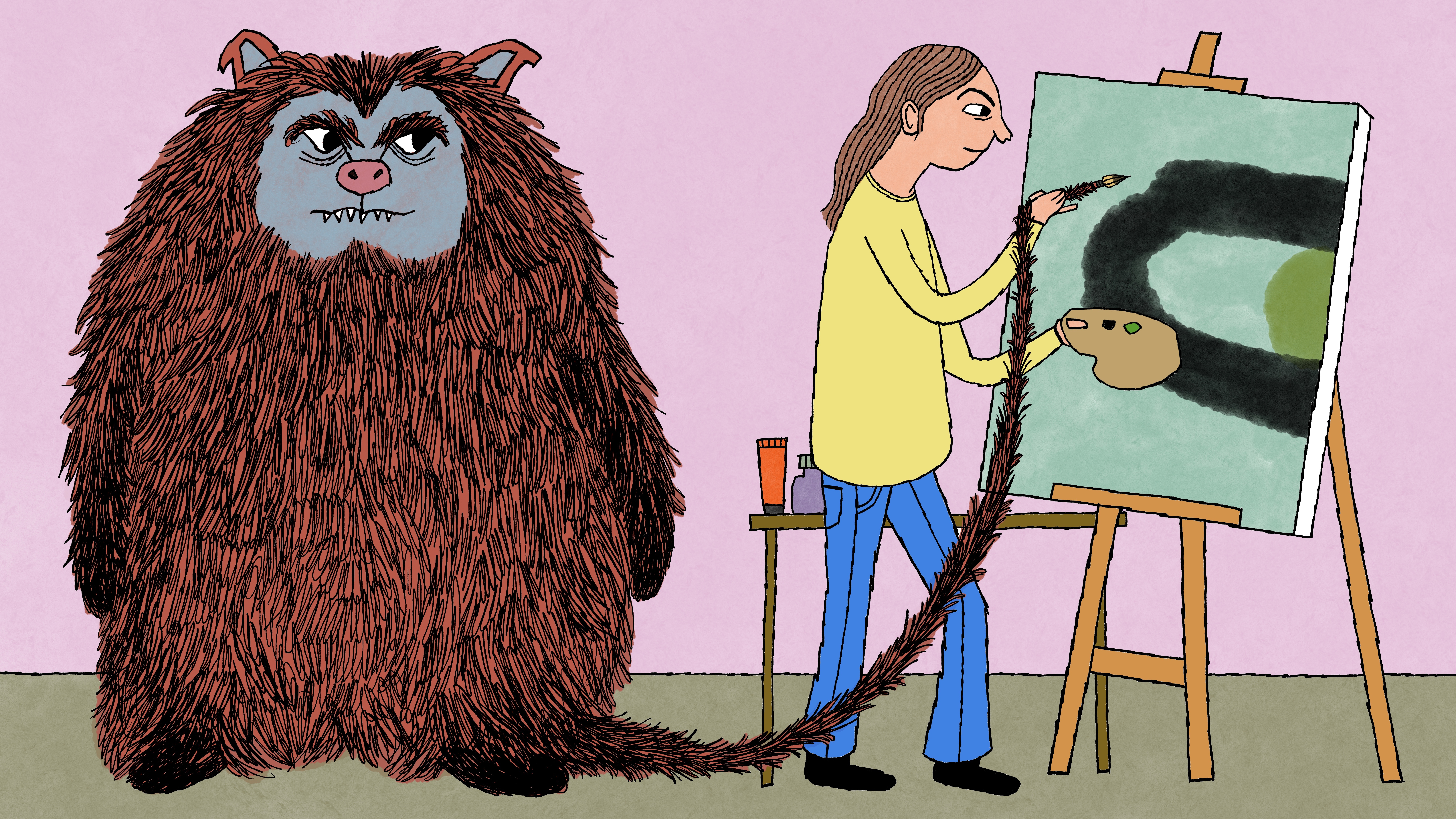 An illustration showing a monster attached to a paintbrush