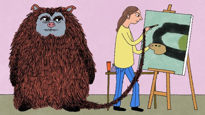 a woman painting on an easel using the tail of the monster standing next to her