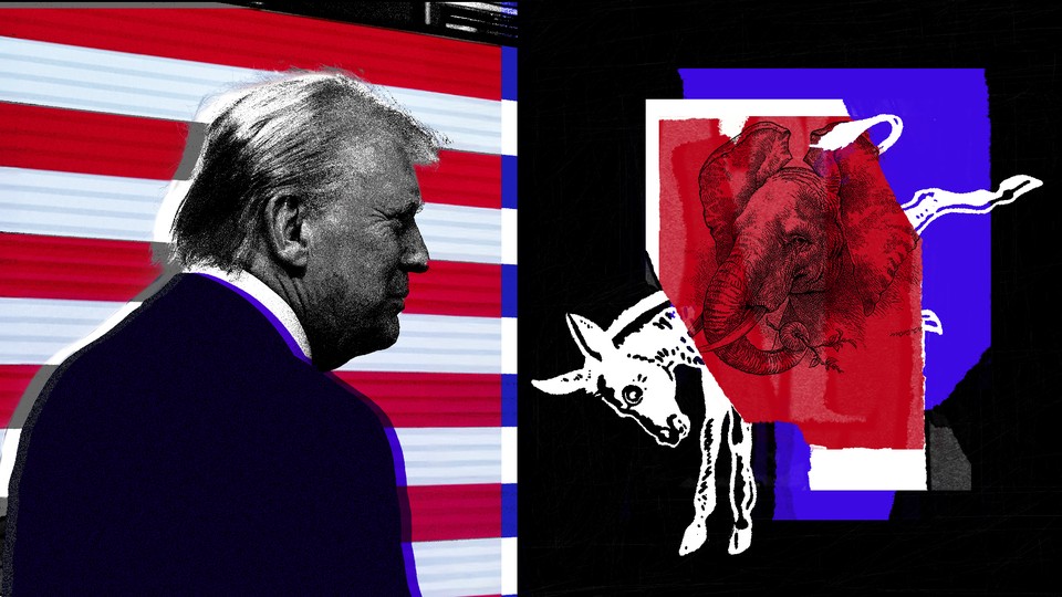 An illustration featuring a photomontage of Donald Trump and Republican and Democratic party symbols.