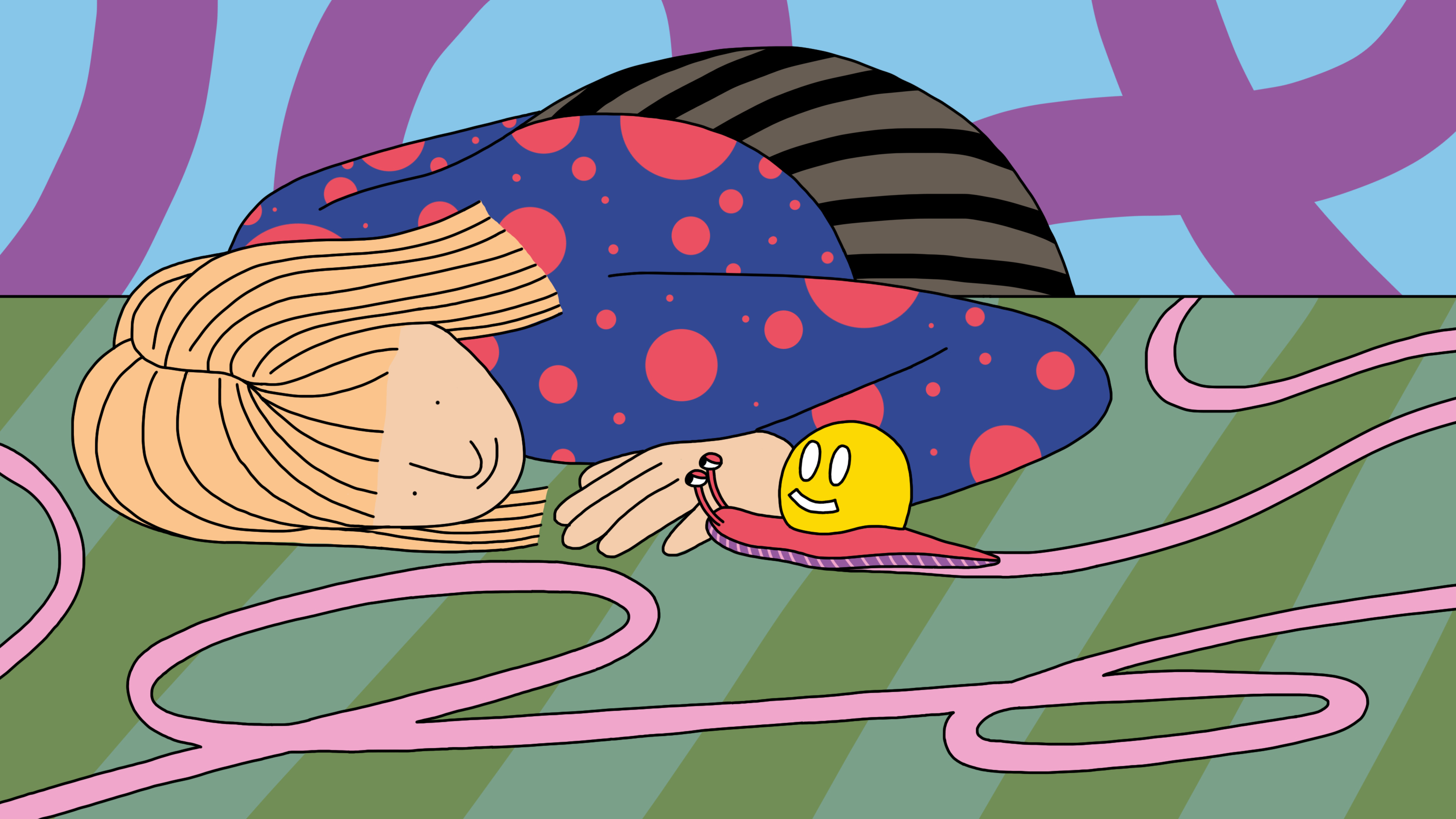 An illustration of a woman watching happily as a snail makes its slow way toward her.