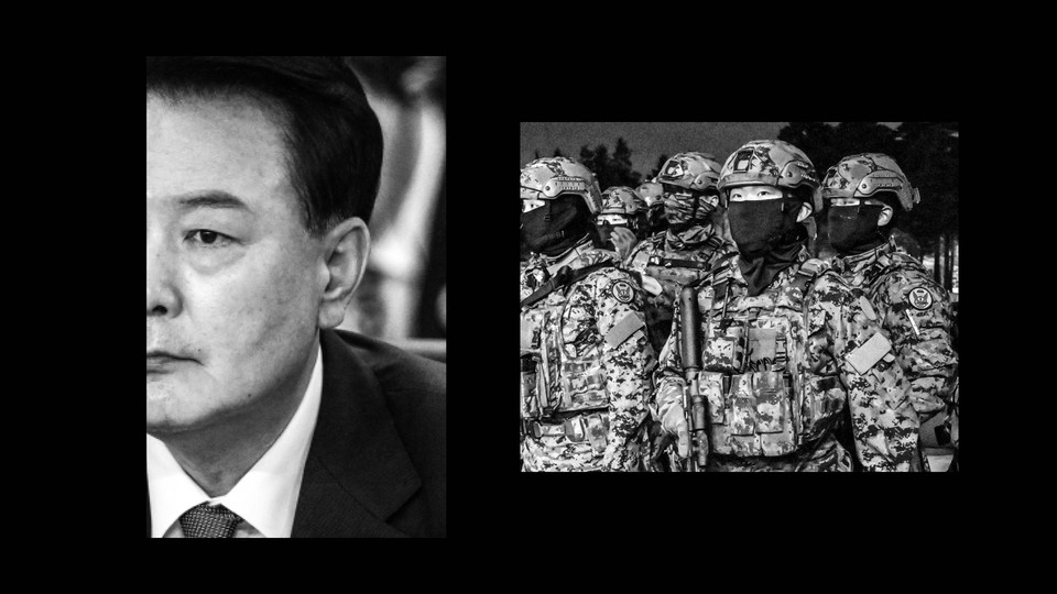 A black-and-white collage showing two square cropped images: Yoon Suk Yeol on the left, and South Korean soldiers on the right