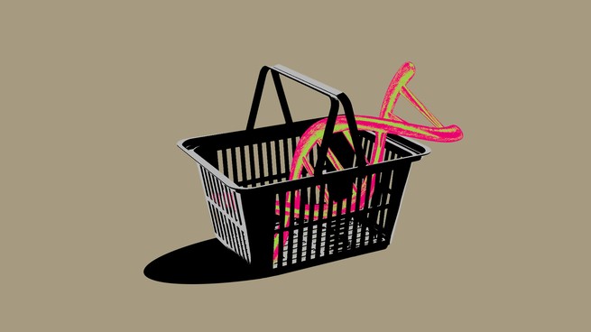 Color illustration of a giant double helix in a shopping basket