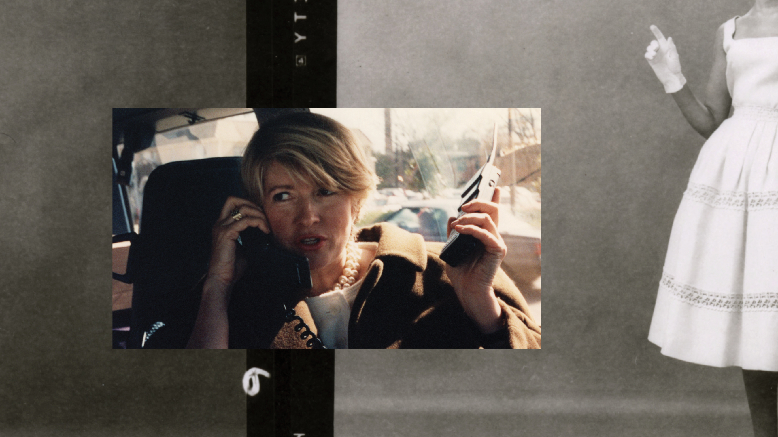 A photo collage of a 1950s woman and a still of Martha Stewart talking on the phone