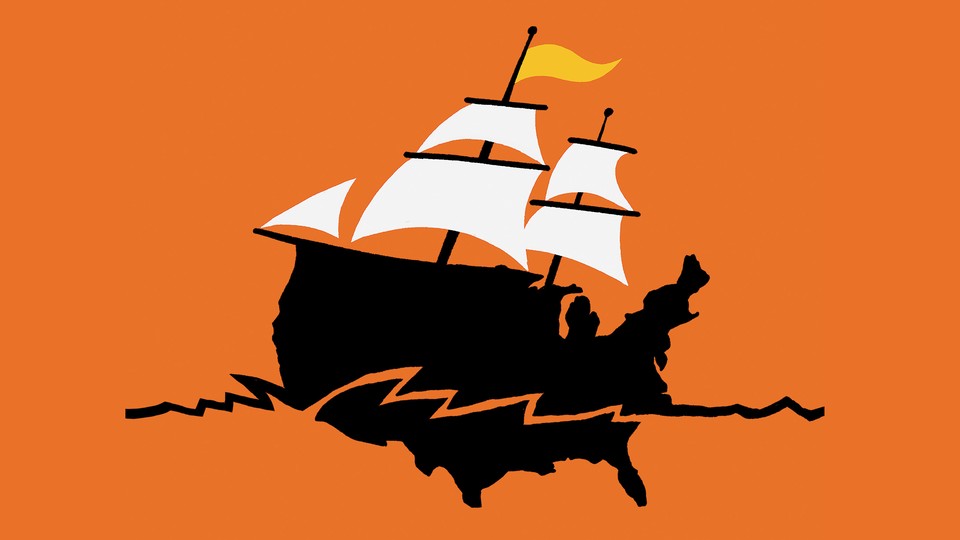 illustration of a pirate-style ship with a black hull in the shape of the United States, with tall masts, white sails, and a yellow pennant on orange background