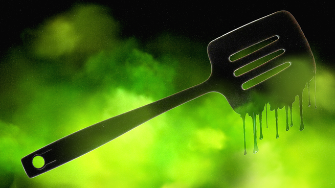 An illustration of a black plastic spatula melting in a neon-green cloud