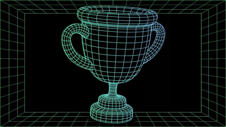 A green-screen-style illustration of a matrix-ified trophy