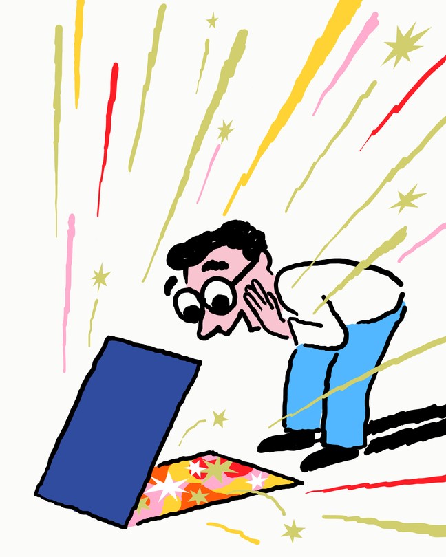 A man looks into a blue box of colorful stars, which explode outward.