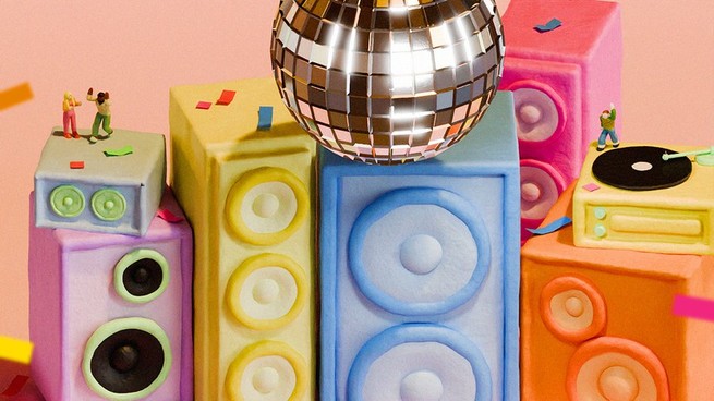 Colorful speakers, a turntable, a disco ball, and tiny people dancing