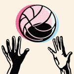 illustration of a pink-and-blue volleyball above the hands of two opposing players