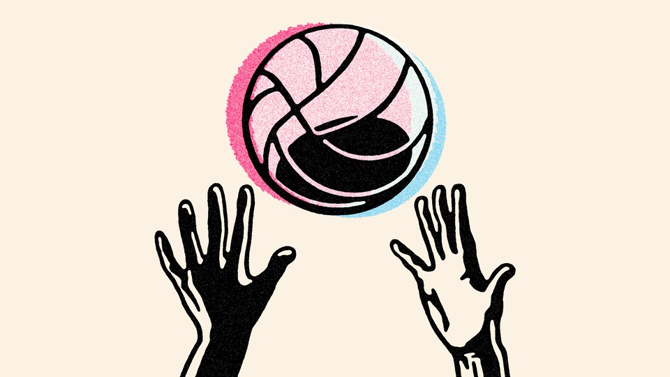 illustration of a pink-and-blue volleyball above the hands of two opposing players