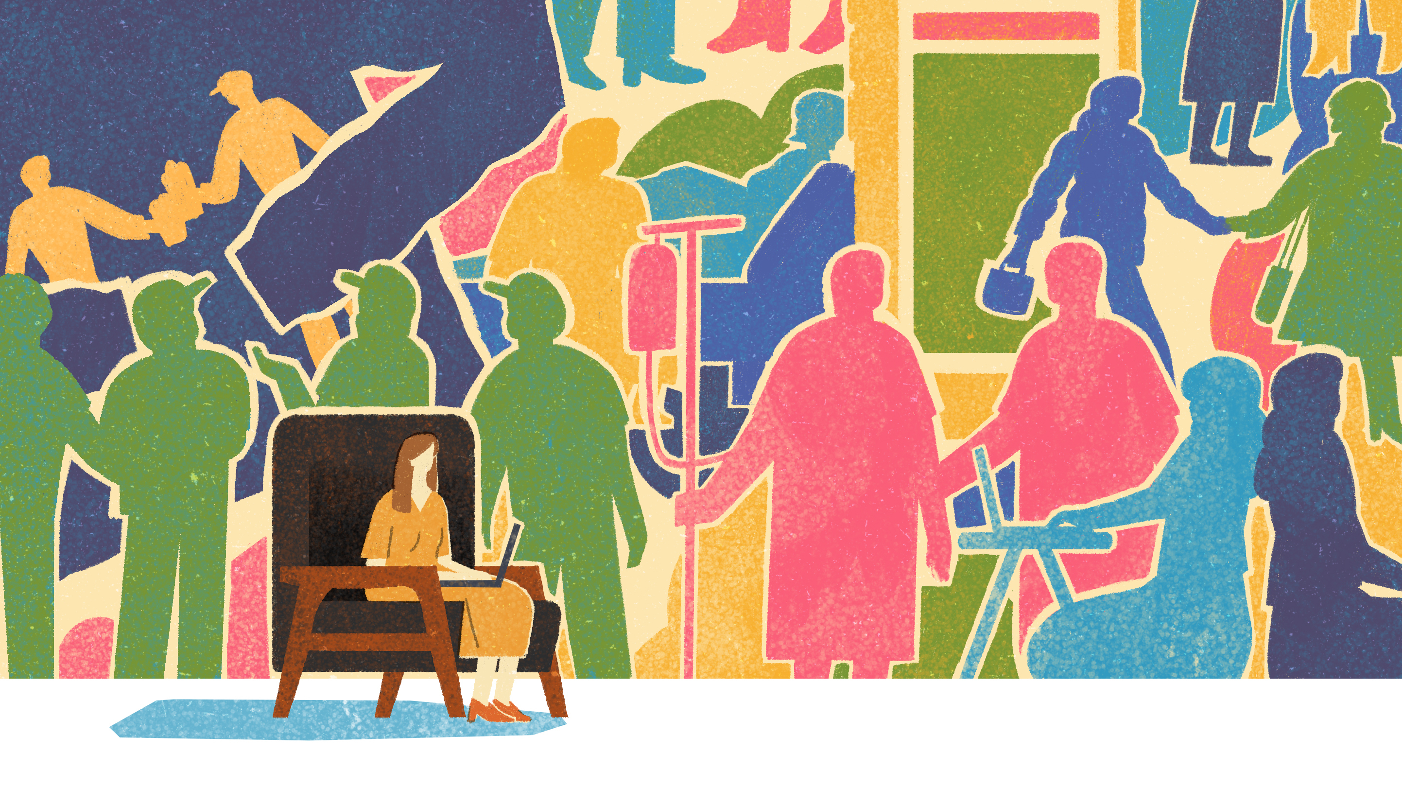 A woman sits in a chair with a laptop on her knees. Behind her is a collage of colorful silhouettes of friends.