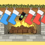 An illustration showing blue and red Christmas stockings hung up on a mantel and separated by a hand-held tape recorder.